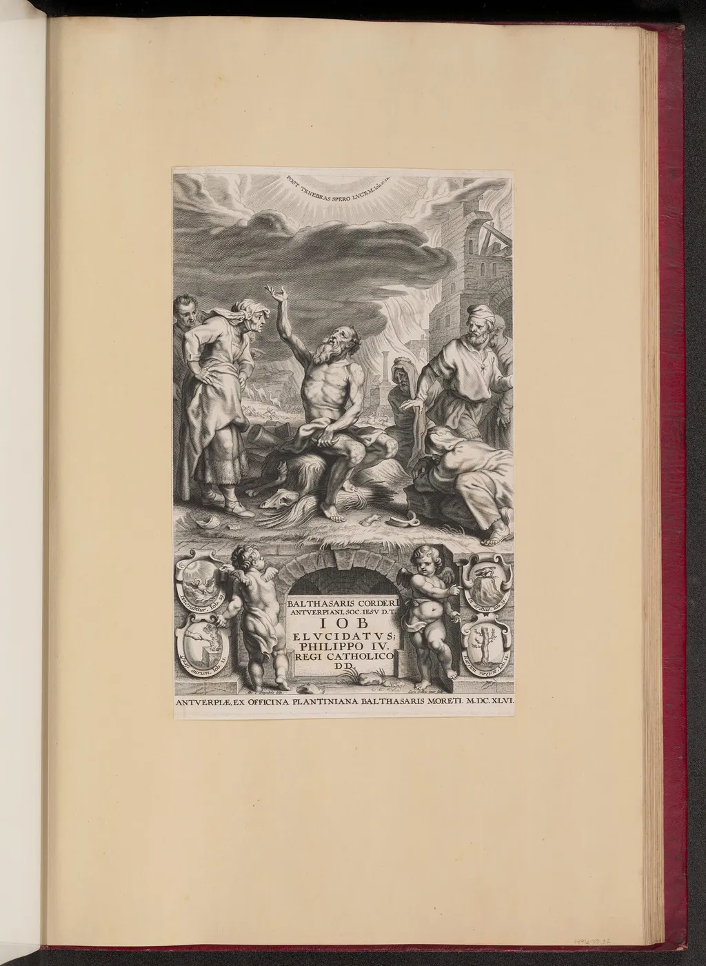 Title Page for Balthasar Cordier, Iob Elvcidatvs, by Cornelis Galle II, ink, 1646
