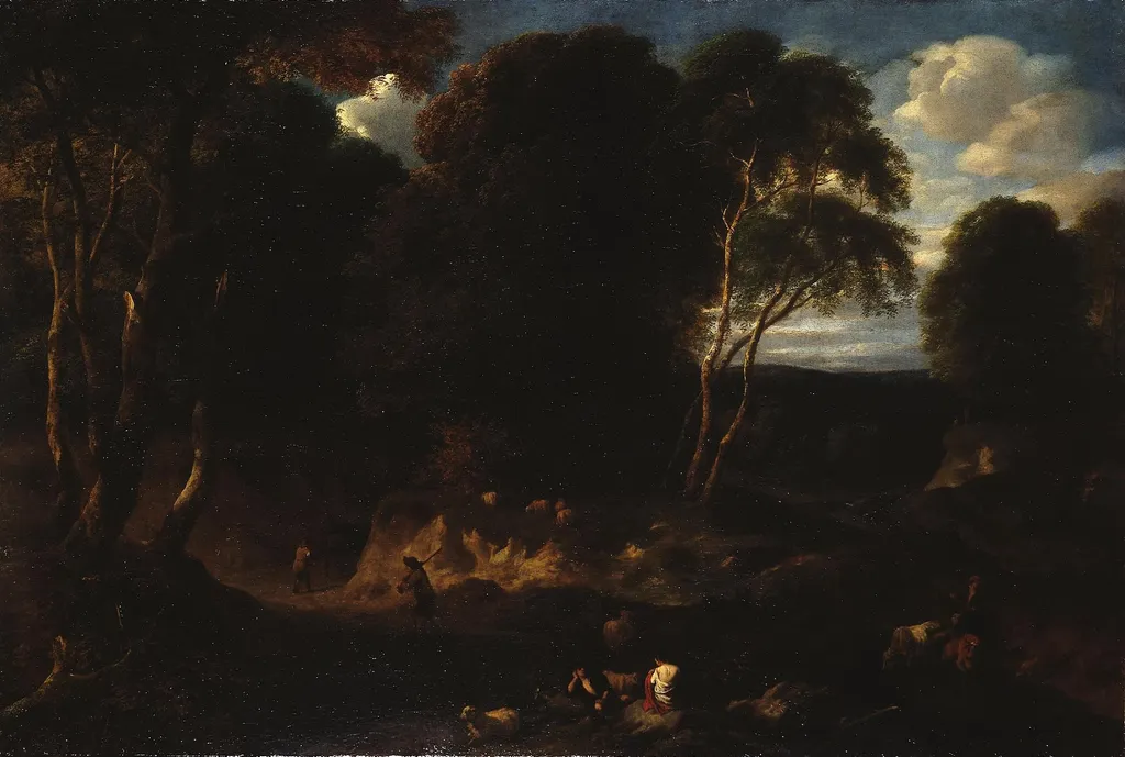 Forest Landscape with Human Figures, by Cornelis Huysmans, oil, 1672