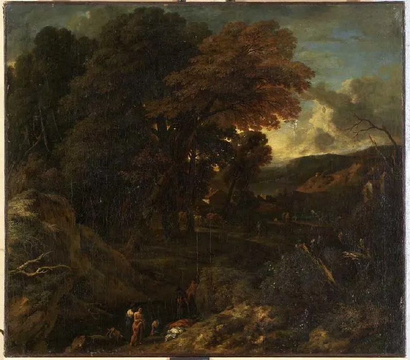 Italian forest landscape with bathers, by Cornelis Huysmans, oil, 1700
