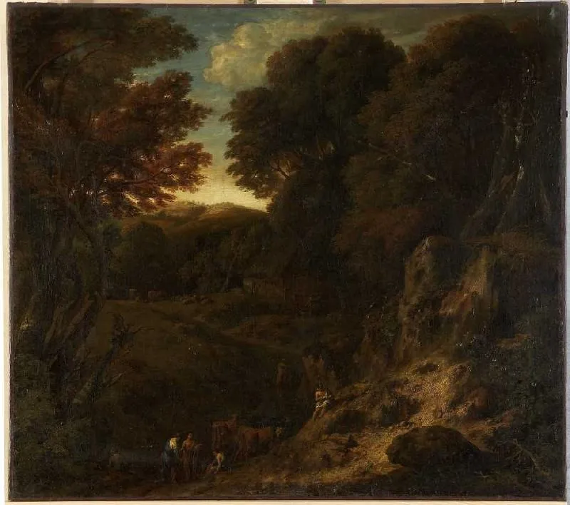 Italian forest landscape with cattle watering tanks, by Cornelis Huysmans, oil, 1700