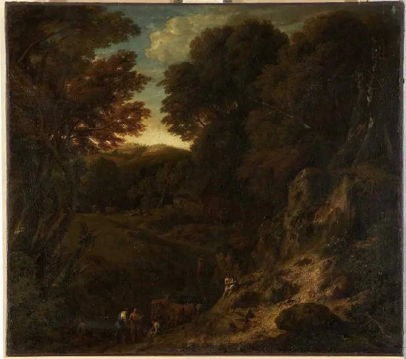 Italian forest landscape with cattle watering tanks, by Cornelis Huysmans