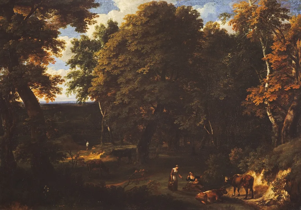 Landscape with Cattle and Figures, by Cornelis Huysmans, oil, 1700