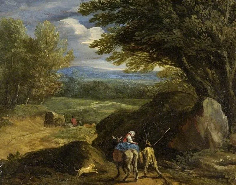 Landscape with figures, by Cornelis Huysmans, oil, 1697