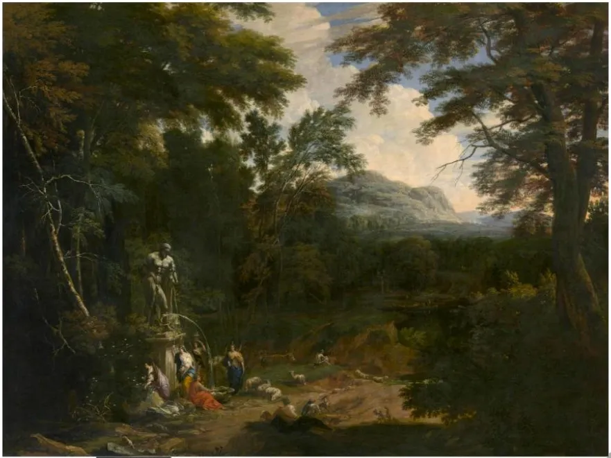 Landscape with figures at the foot of a fountain, by Cornelis Huysmans, oil, 1691