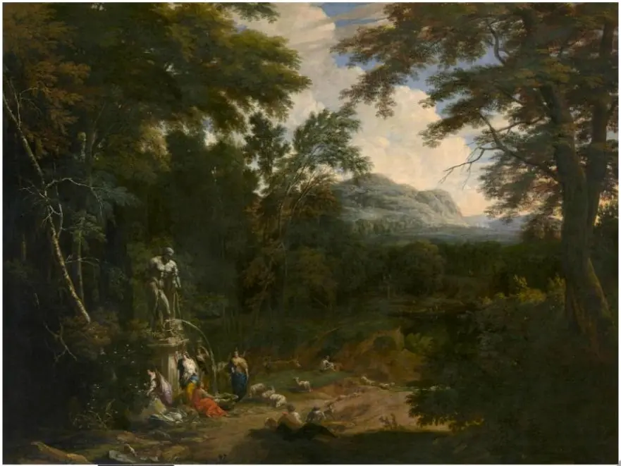 Landscape with figures at the foot of a fountain, by Cornelis Huysmans