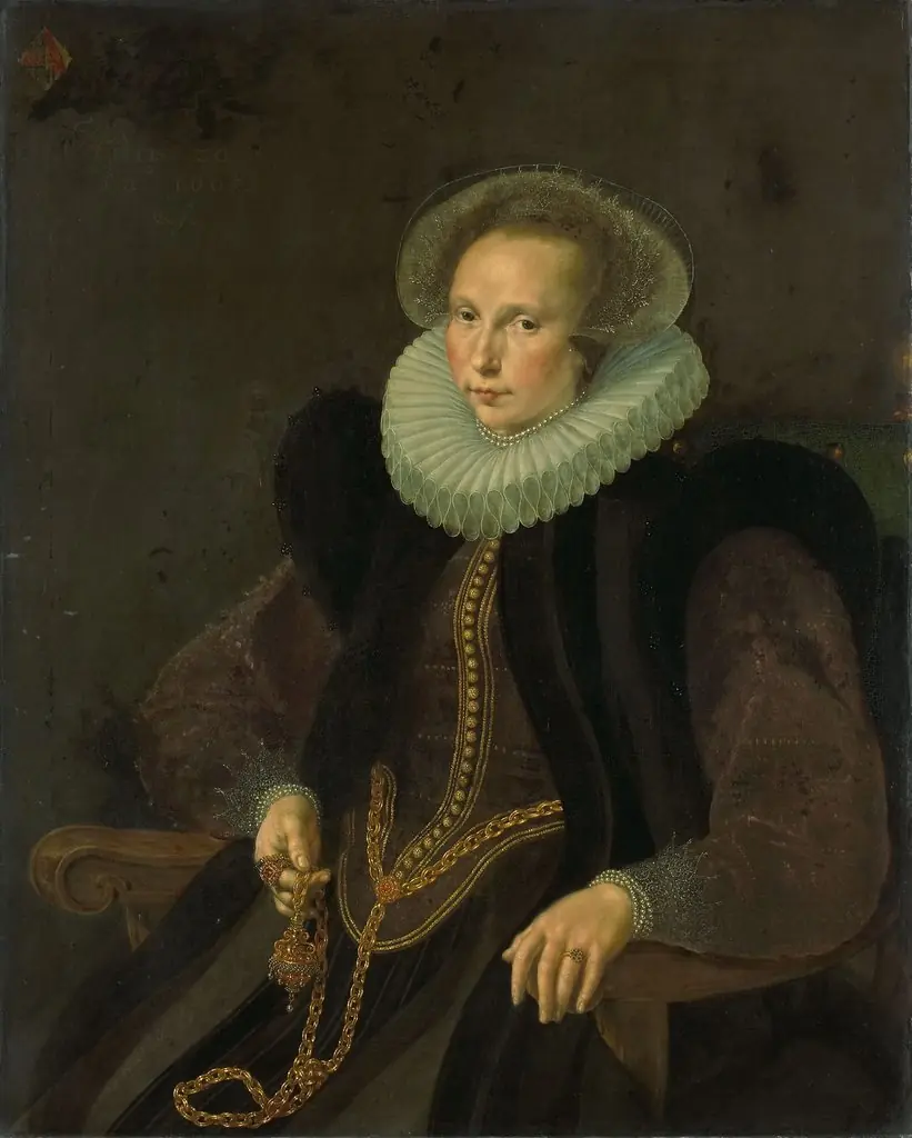Portrait of Griete Jacobsdr van Rhijn (1585-1652). Wife of Jacob Cornelisz Banjaert, called van Neck, by Cornelis Ketel
