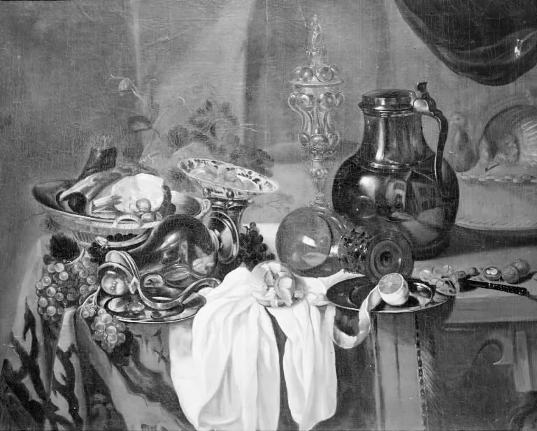 A Jug, Fruit, Food and other Things on a Table, by Cornelis Kruys, oil