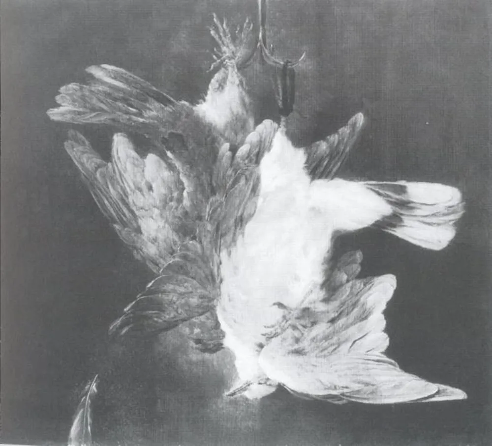 Still Life with Doves Hanging from an Iron Hook, by Cornelis Lelienbergh, oil, 1660