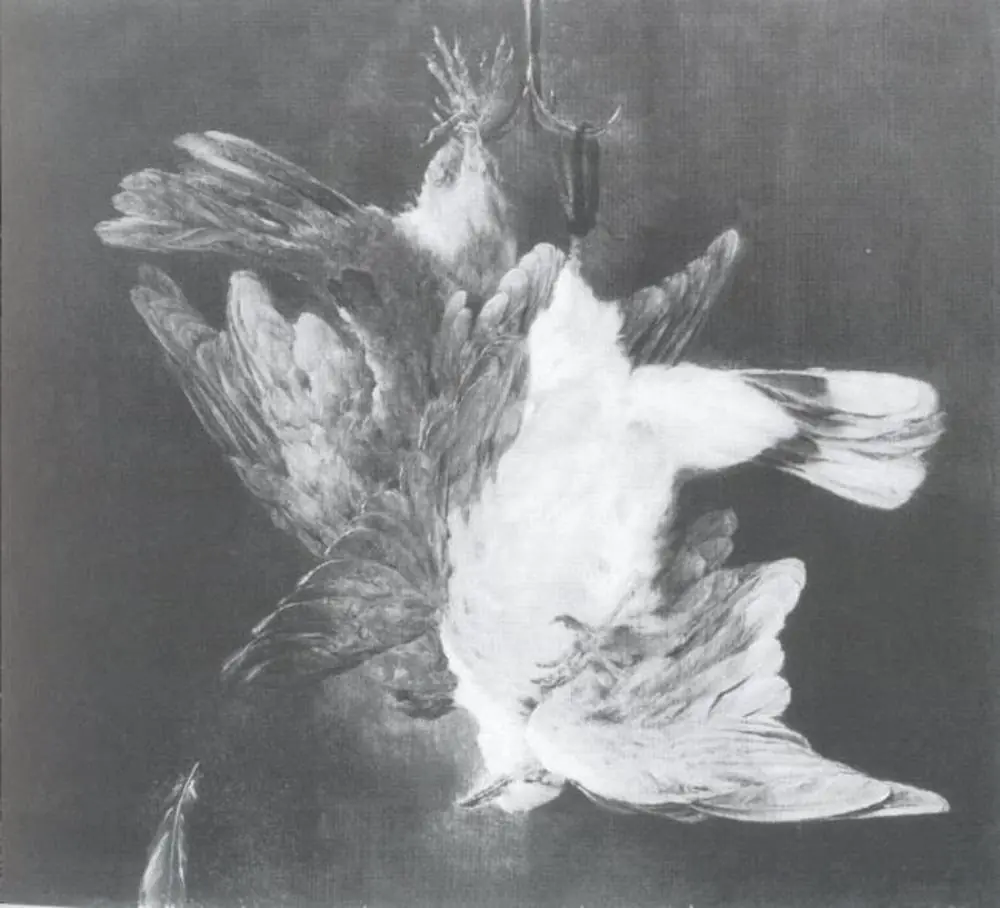 Still Life with Doves Hanging from an Iron Hook, by Cornelis Lelienbergh