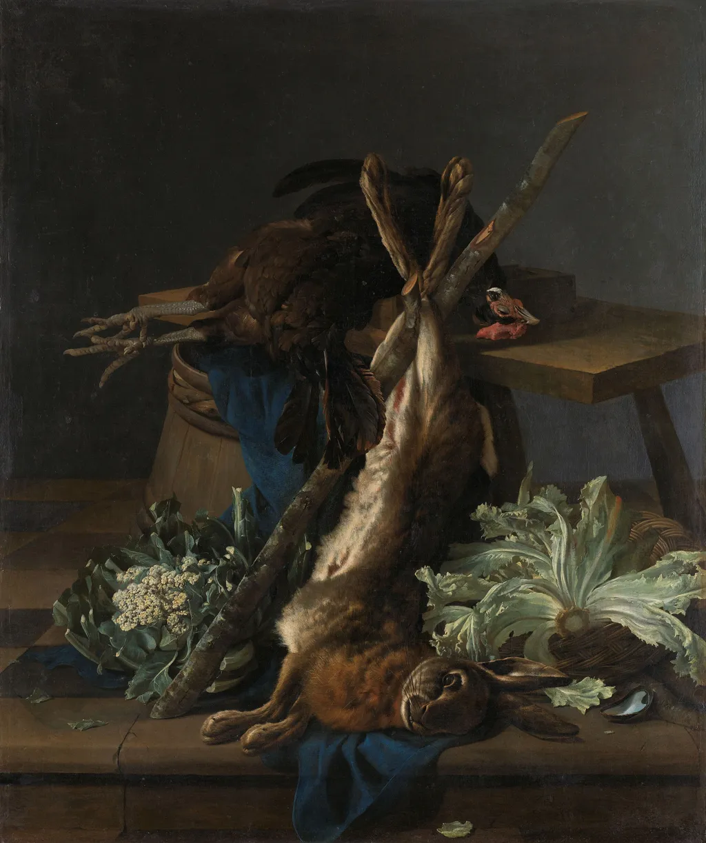 Still life with hare and black rooster, by Cornelis Lelienbergh, oil, 1659