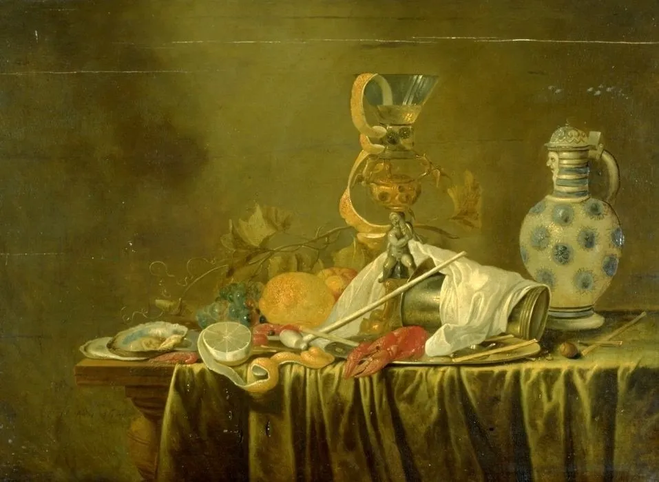 Still life with wine glass and stoneware jug, by Cornelis Mahu, paint, 1648