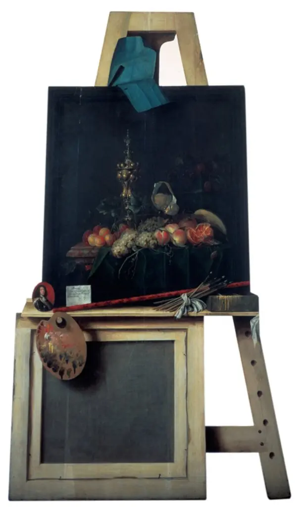 Cut-Out Trompe l'Oeil Easel with Fruit Piece, by Cornelis Norbertus Gijsbrechts