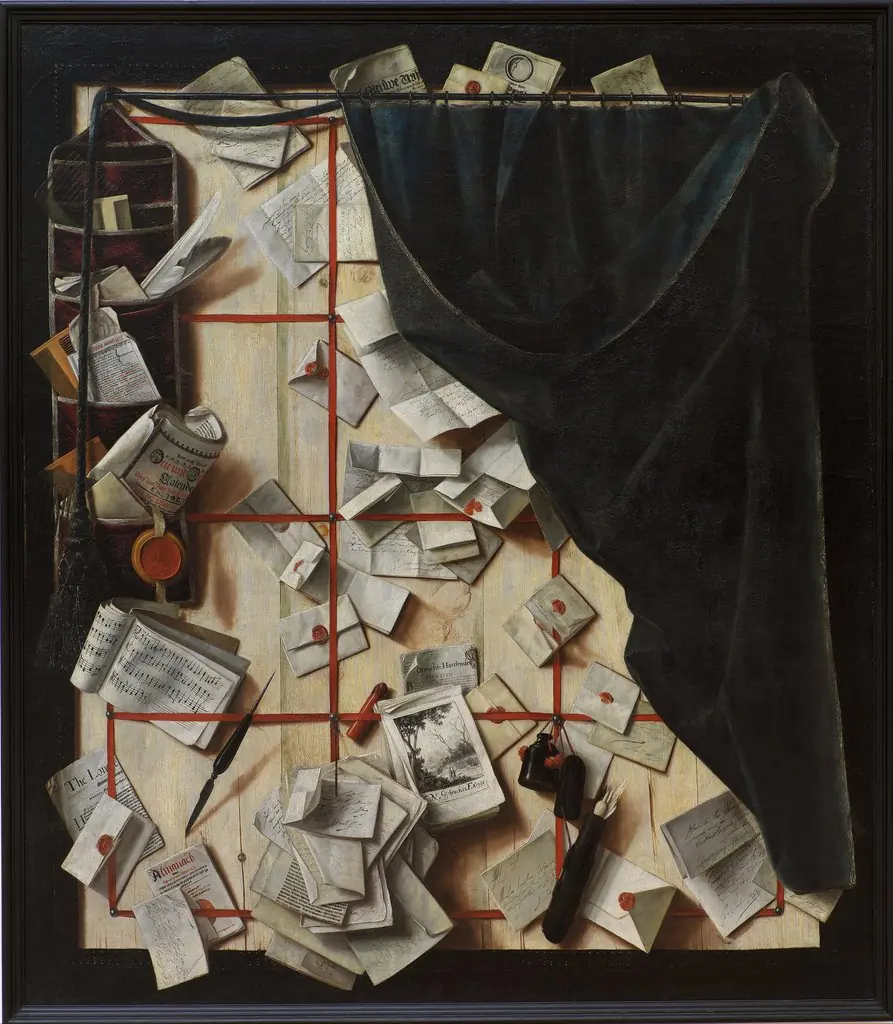 Trompe l'oeil. Board Partition with Letter Rack and Music Book, by Cornelis Norbertus Gijsbrechts