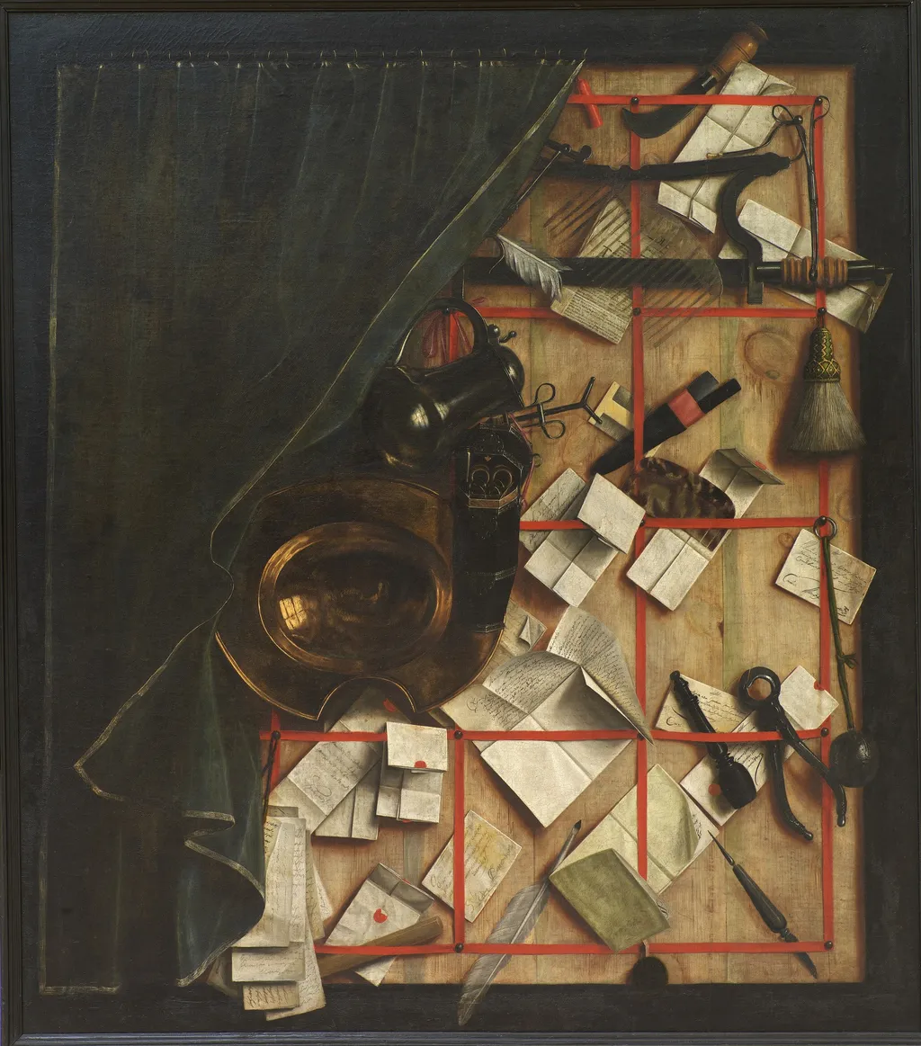Trompe l'oeil. Letter Rack with a Barber-Surgeon's Instruments, by Cornelis Norbertus Gijsbrechts, oil, 1668