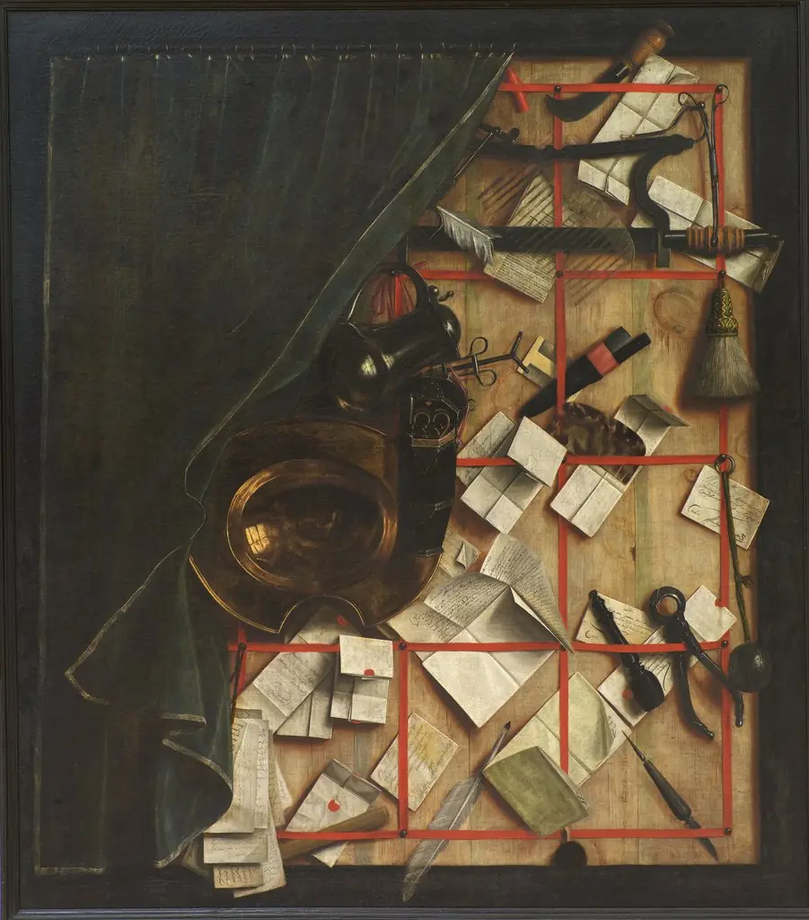 Trompe l'oeil. Letter Rack with a Barber-Surgeon's Instruments, by Cornelis Norbertus Gijsbrechts