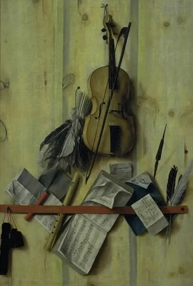 Trompe l'oeil with Violin, Music Book and Recorder, by Cornelis Norbertus Gijsbrechts, oil, 1672