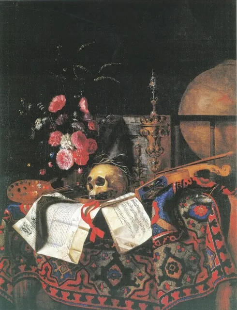 Vanitas still life with bouquet of flowers, painters palette, globe, violin and acorn cup, by Cornelis Norbertus Gijsbrechts, oil, 1662