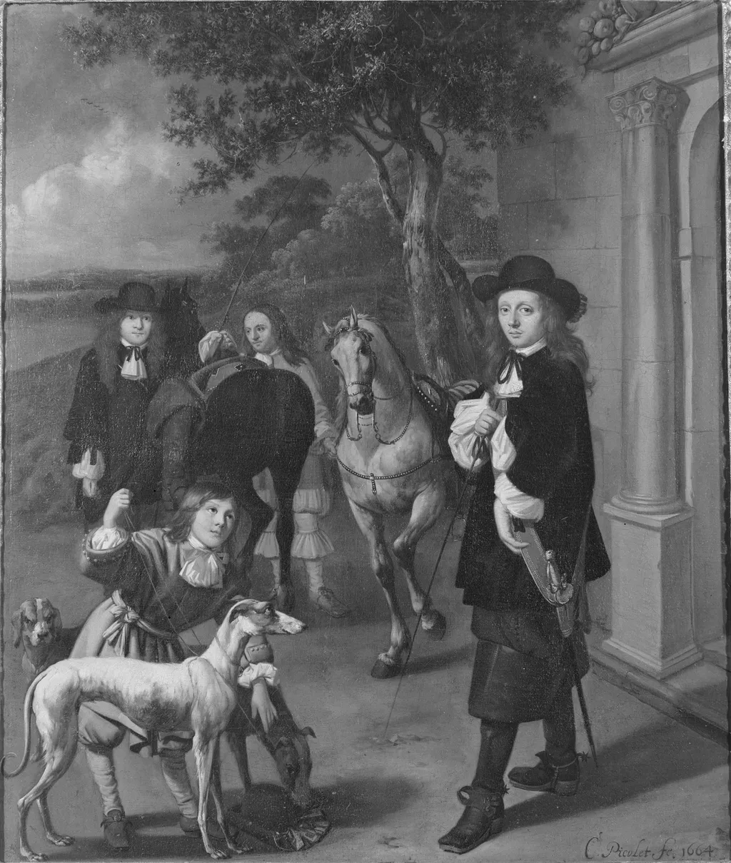 Two young men preparing to go horseback riding, by Cornelis Picolet, oil, 1664