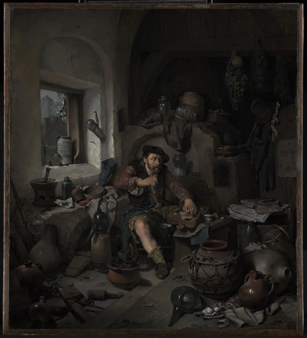 The Alchemist, by Cornelis Pietersz Bega, oil, 1663