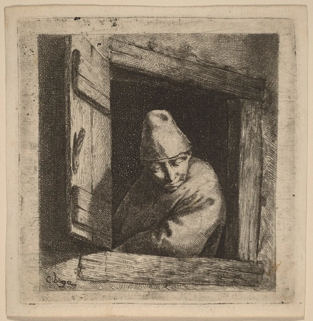 The Peasant in a Window, by Cornelis Pietersz Bega, ink, 1648