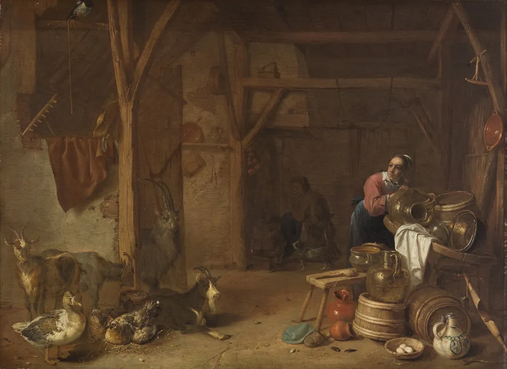 Farmer's interior with a cleaning girl, by Cornelis Saftleven, oil, 1632