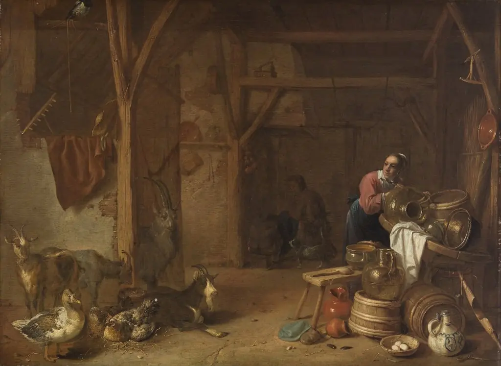 Farmer's interior with a cleaning girl, by Cornelis Saftleven