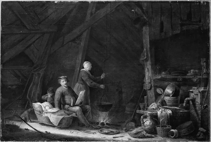 Farmhouse interior with a family, by Cornelis Saftleven
