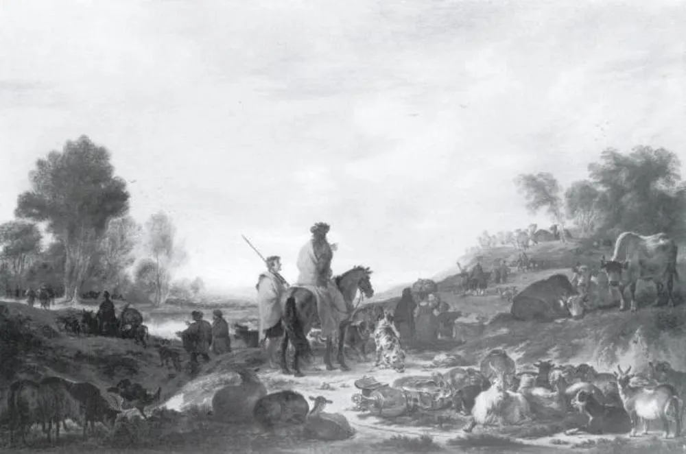 Landscape with Figures, Cattle and Household Utensils, by Cornelis Saftleven, oil, 1630