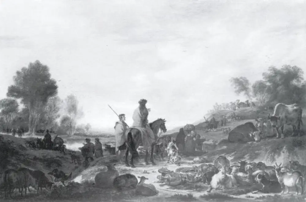 Landscape with Figures, Cattle and Household Utensils, by Cornelis Saftleven