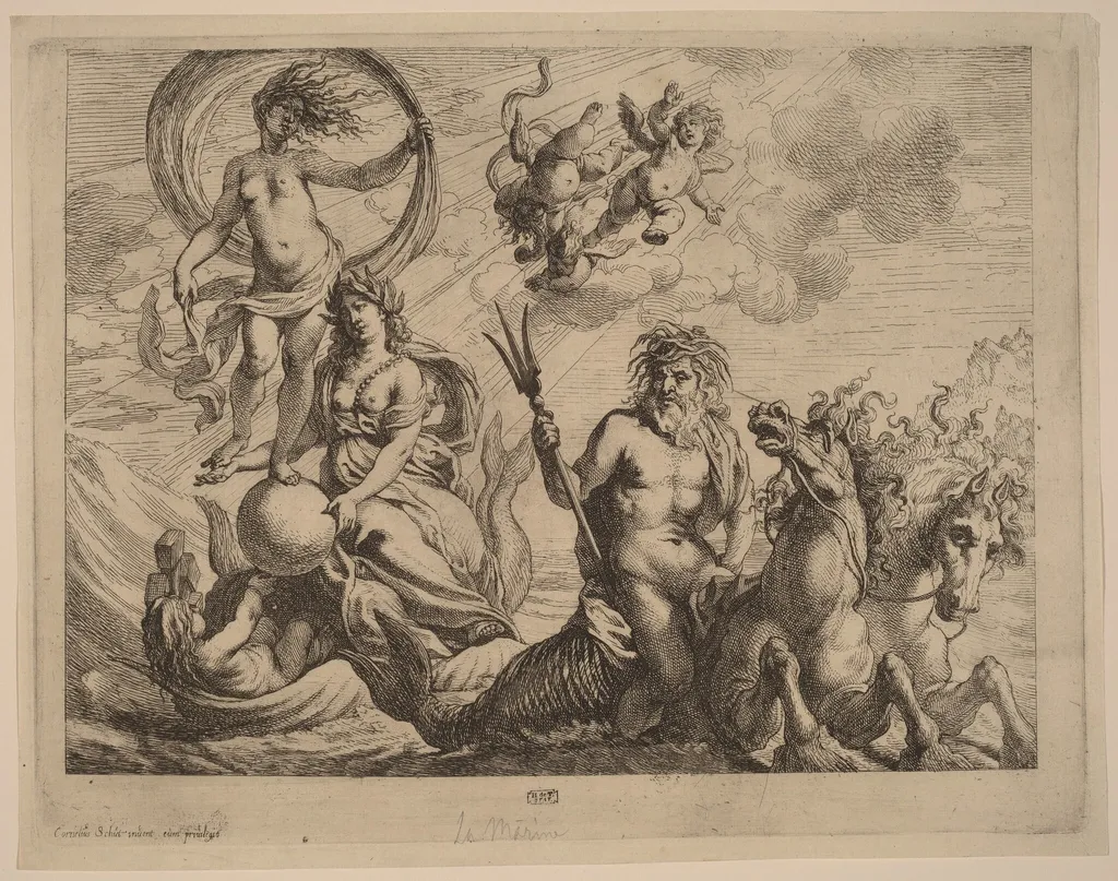 Neptune with Two Horses on the Sea, by Cornelis Schut I, ink, 1626