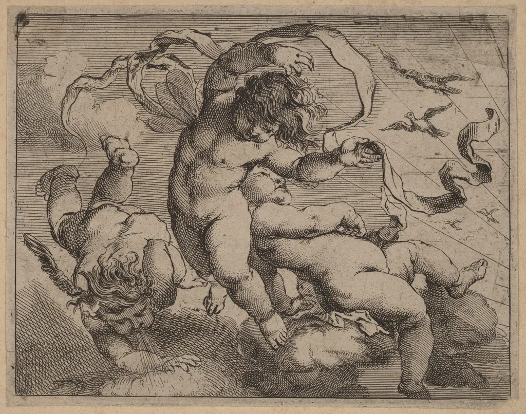 Three Flying Putti, by Cornelis Schut I, ink, 1626