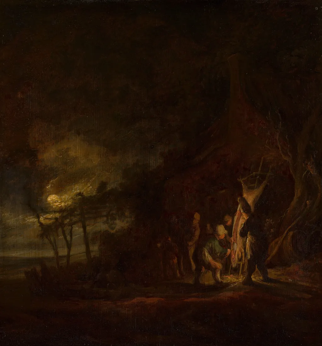 Slaughtered Pig in a Moonlit Landscape, by Cornelis Symonsz van der Schalcke, unspecified, 1644