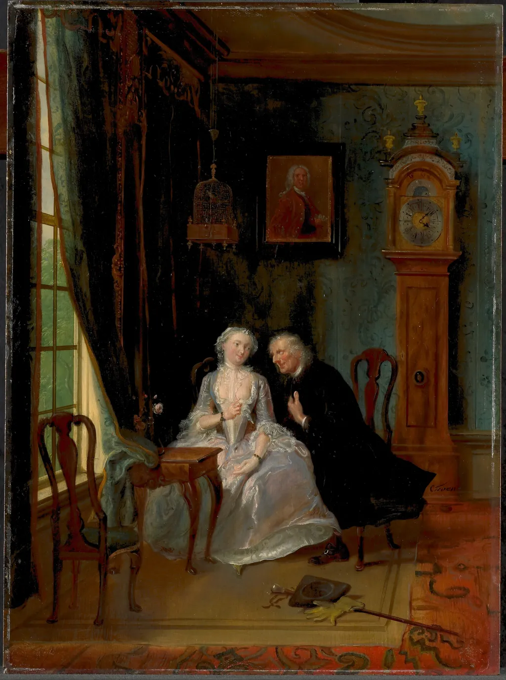 Unseemly Love, perhaps a scene of the Widower Joost with Lucia, 2nd scene from the play "De wanhebbelijke liefde" by CJ van der Lijn, by Cornelis Troost, oil, 1750