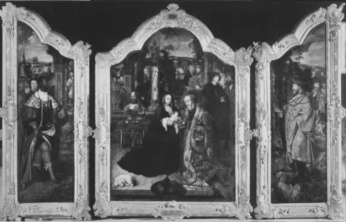 Adoration triptych: King Balthasar (interior left), Adoration of Christ with King Melchior (middle), King Caspar (interior right); Christ the Redeemer (exterior left), Virgin with child (exterior right), by Cornelis van Cleve, oil, 1525