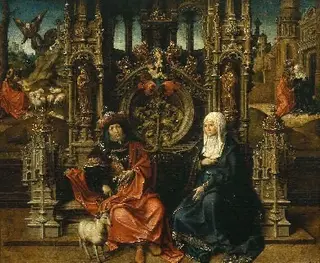 Anna en Joachim. In de achtergrond: de verkondiging aan Joachim en de ontmoeting van Anna en Joachim bij de Gouden Poort, by Cornelis van Coninxloo, 1526