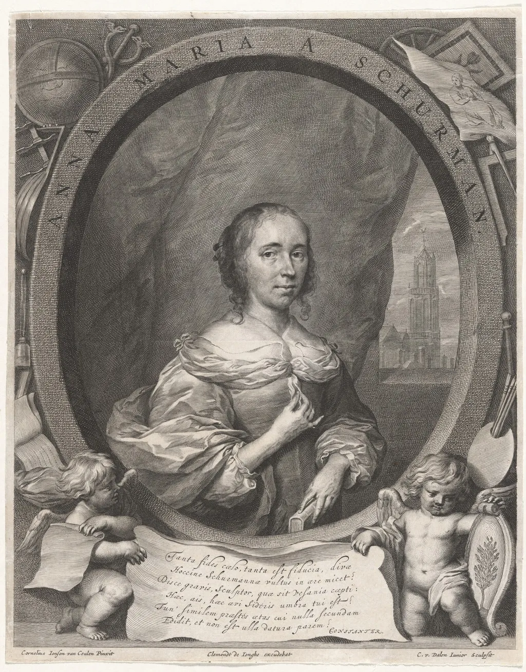 Anna Maria van Schurman, by Cornelis van Dalen the Younger, ink, 1657
