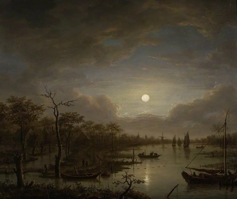 River scene by moonlight, by Cornelis van der Meulen
