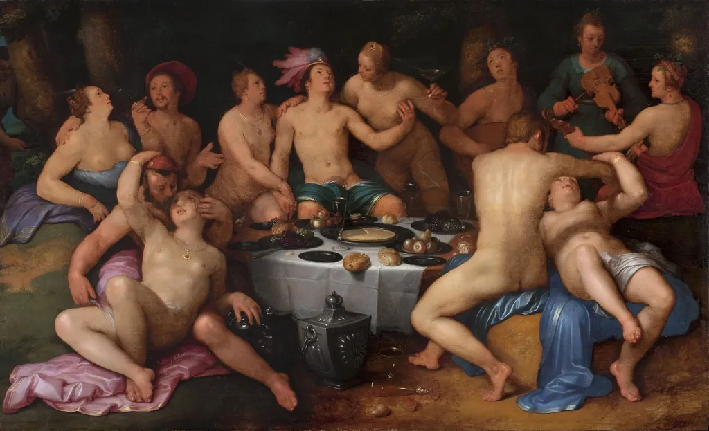 Feast of the prodigal son (Luke 15:11-13), by Cornelis van Haarlem, oil, 1615