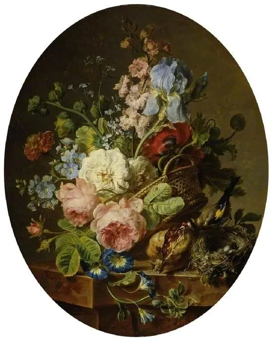 Open wicker basket of mixed flowers, including iris, roses, poppies, hollyhock, marygold, larkspur and convolulus on a marble ledge with an open pomegrante and a goldfinch with its nest, by Cornelis van Spaendonck, 1795