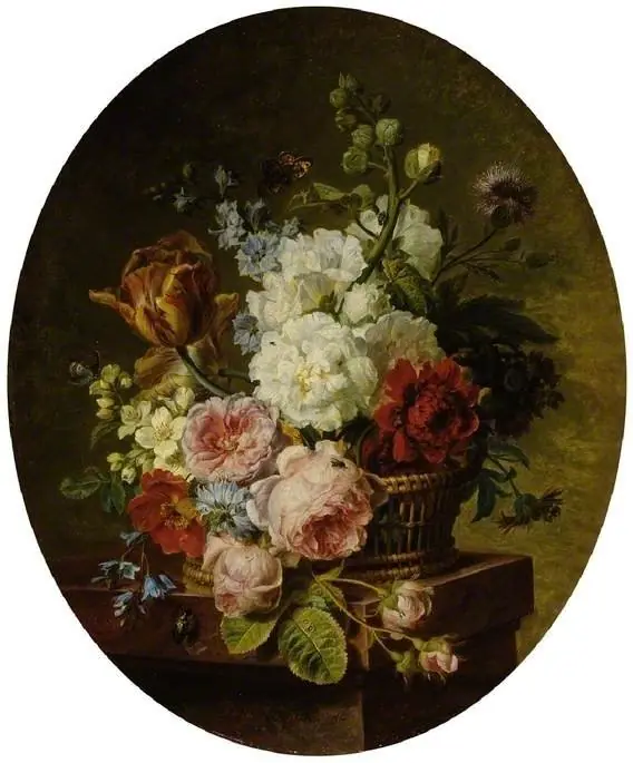 Open wicker basket of mixed flowers, including tulip, roses, hareball, hollyhock, poppy, larkspur and auricula on a marble ledge, by Cornelis van Spaendonck