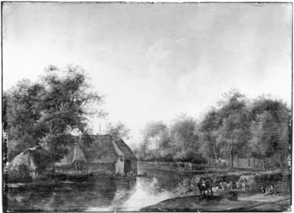 Flusslandschaft mit Hütten und Vieh, by Cornelis van Zwieten, oil, 1649