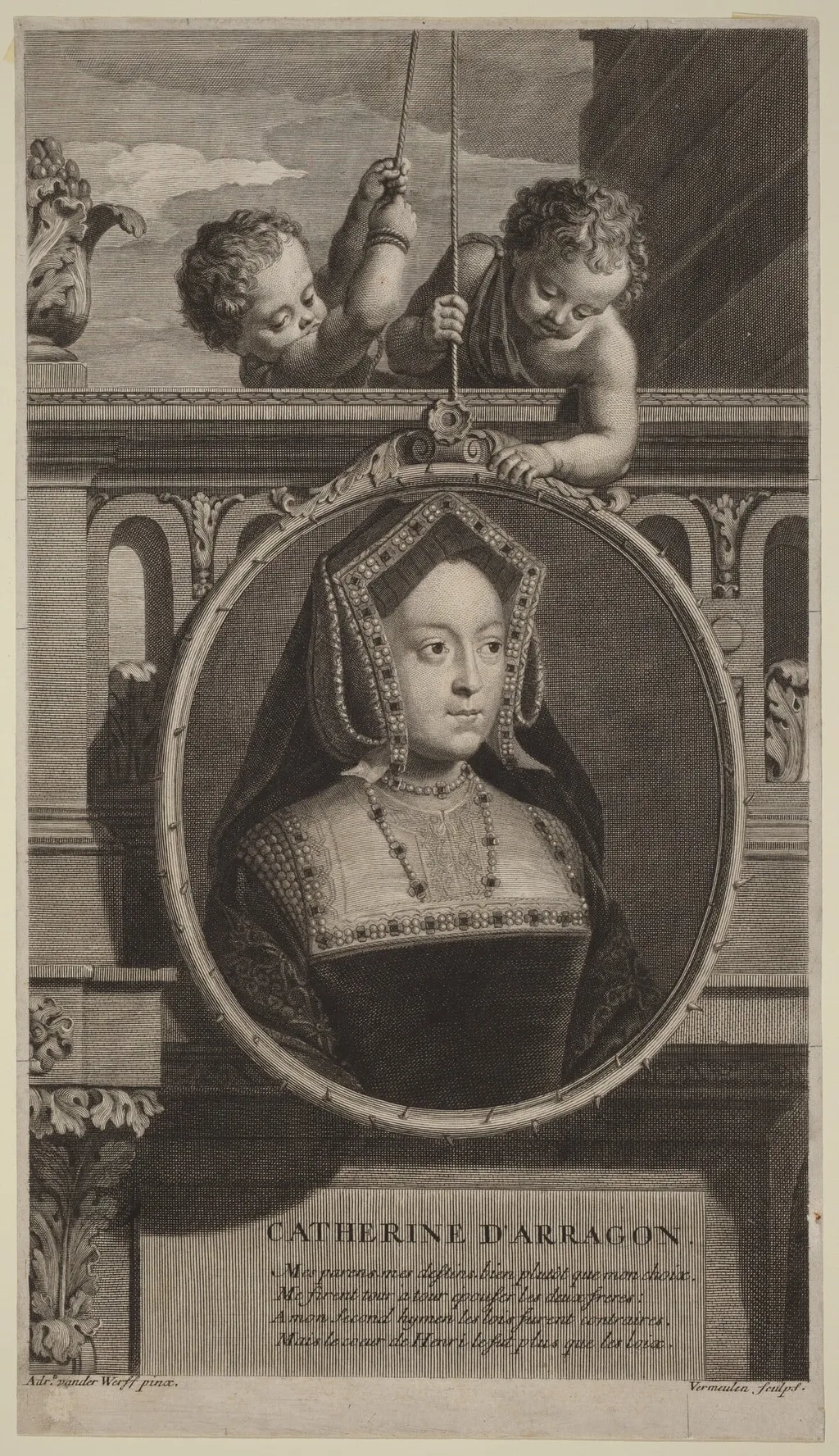 Catherine d'Arragon (Catherine of Aragon), by Cornelis Vermeulen, ink, 1705