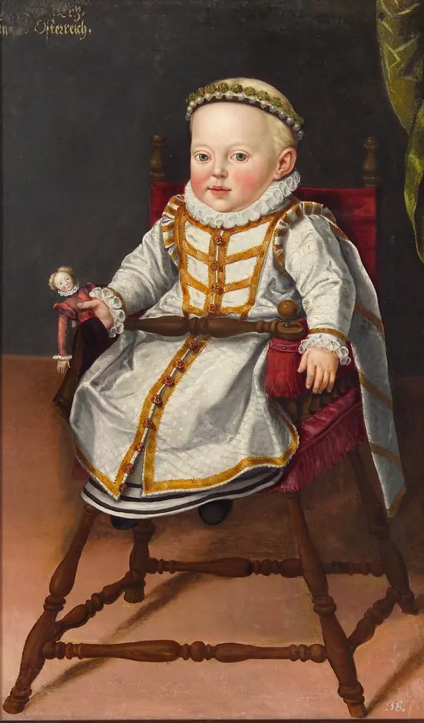 Erzherzogin Katharina Renea (1576-1595) im Alter von einem Jahr in einem Kindersessel sitzend mit einer Puppe, by Cornelis Vermeyen