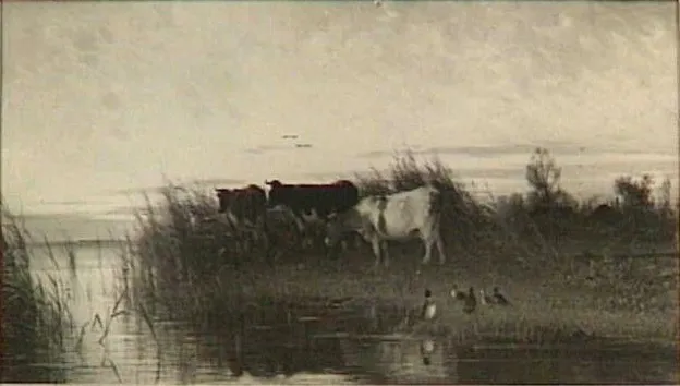 Koeien aan een plas, by Cornelis Westerbeek, oil, 1893