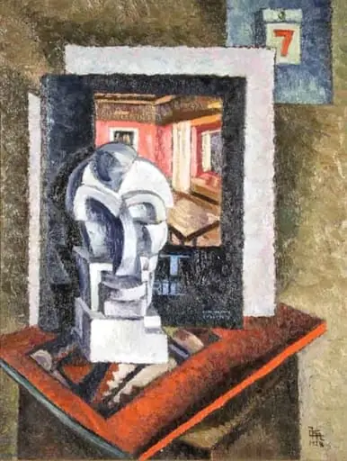 Compoziție cu sculptură (Interior de atelier), by Corneliu Michăilescu
