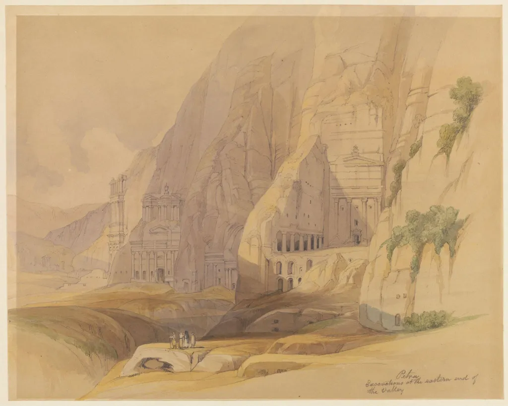 Petra Excavations at the eastern end of the Valley, by Cornelius Pearson, watercolor, 1849