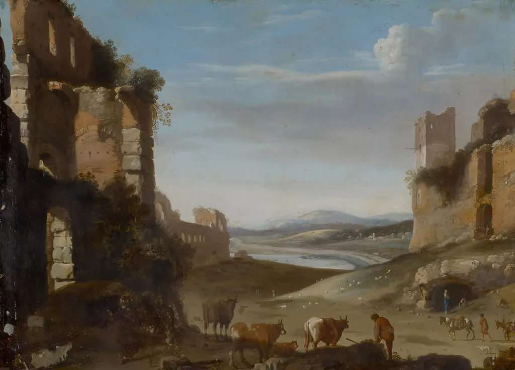 Capriccio Roman landscape with ruins, by Cornelius van Poelenburgh, oil, 1620