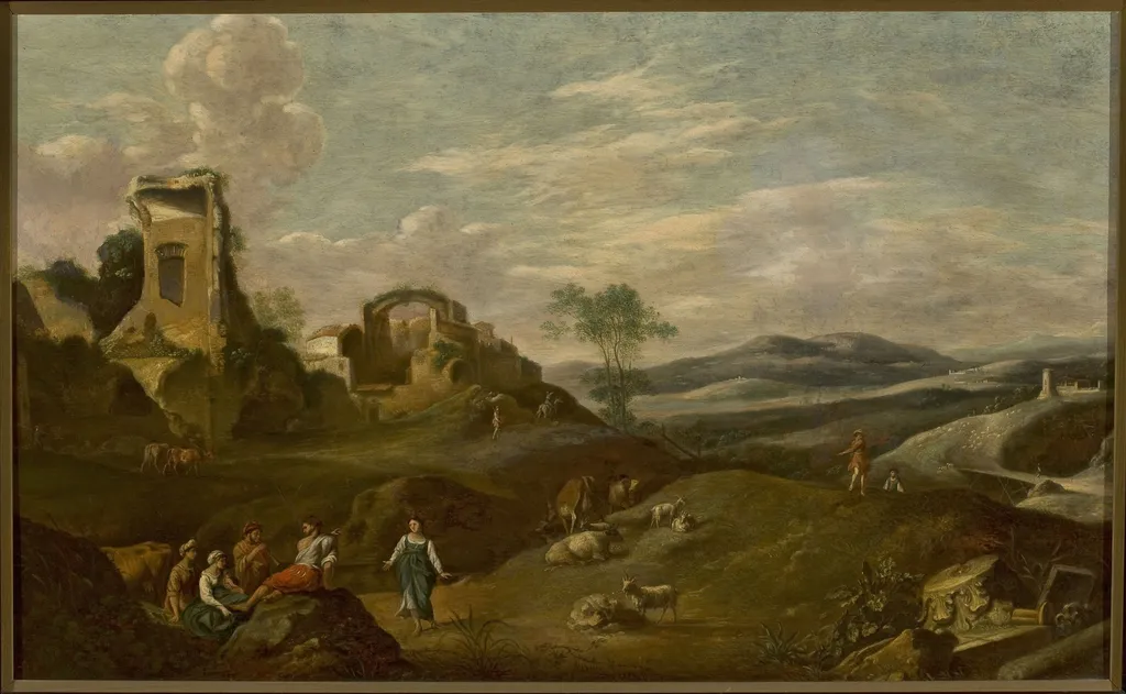 Italian landscape with ruins, by Cornelius van Poelenburgh, oil, 1640