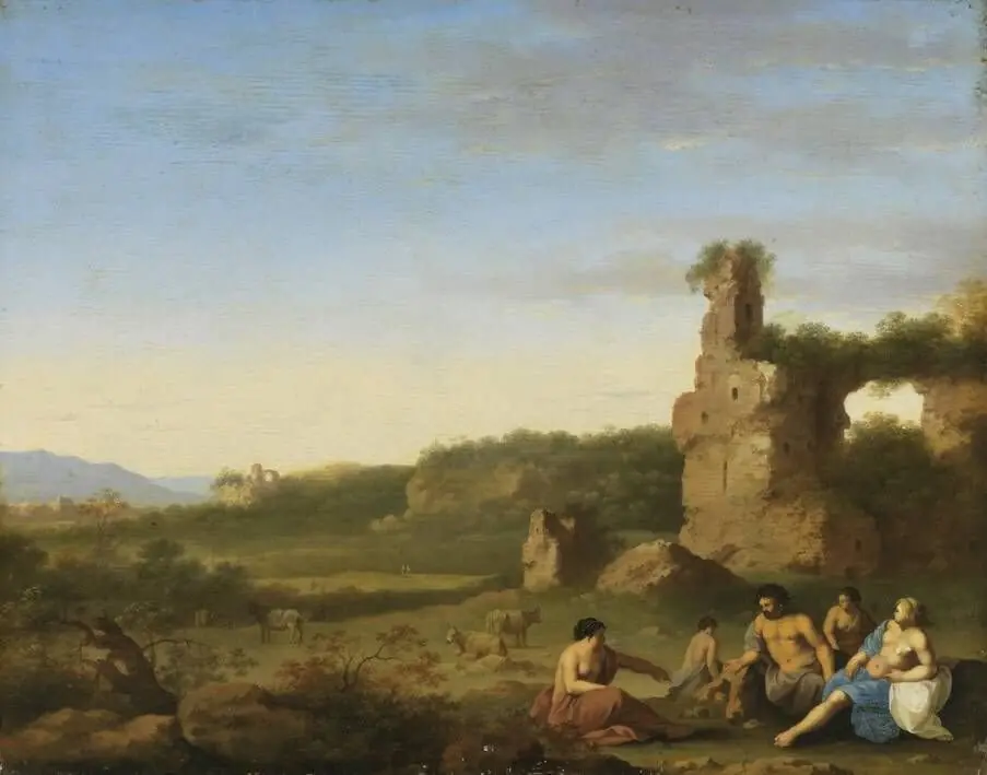Italianate landscape with ruin, by Cornelius van Poelenburgh
