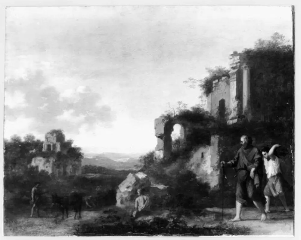 Landscape, with Abraham and Isaac, by Cornelius van Poelenburgh